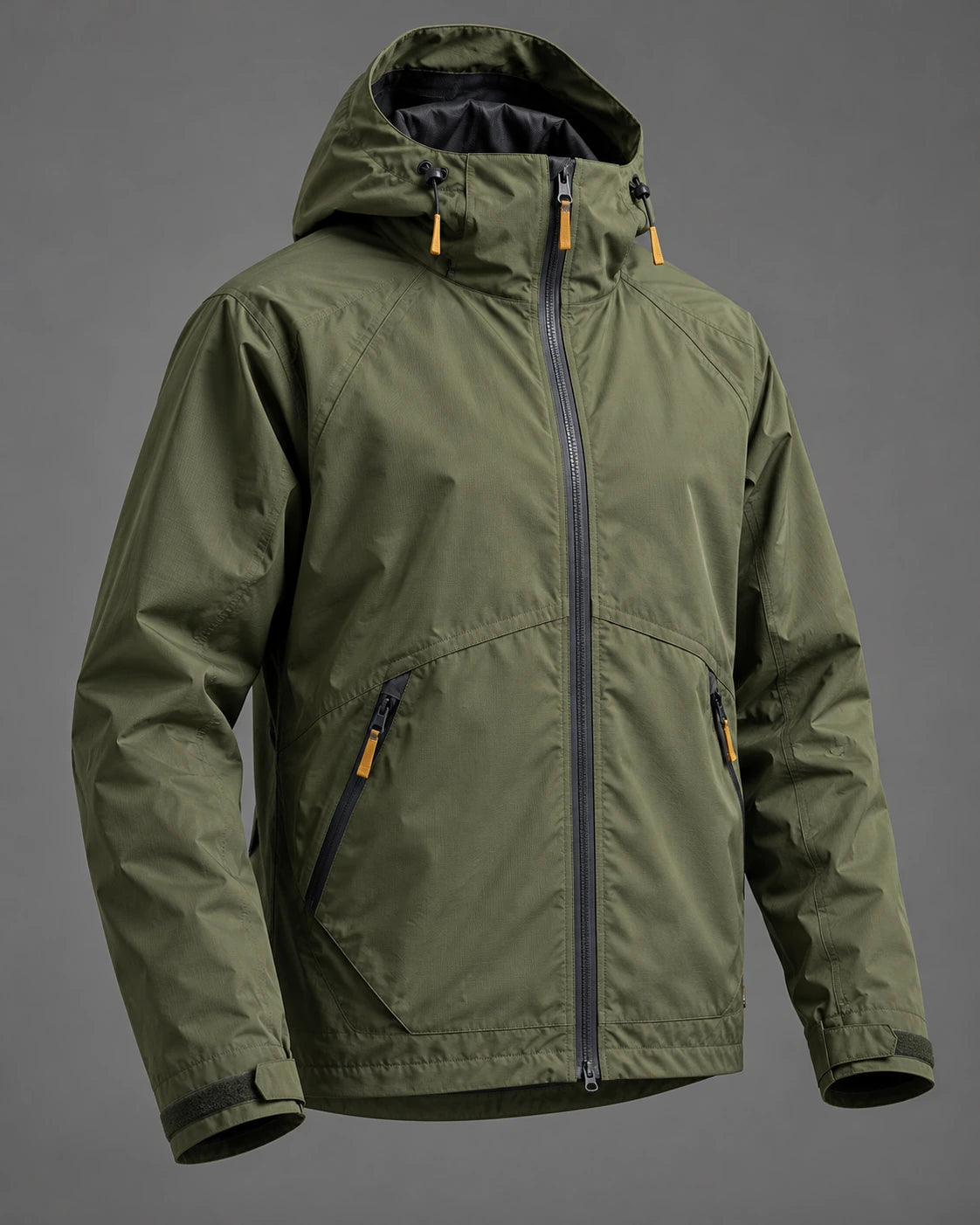 Olive hooded utility jacket with dark zip details and roomy pockets on a grey studio background.