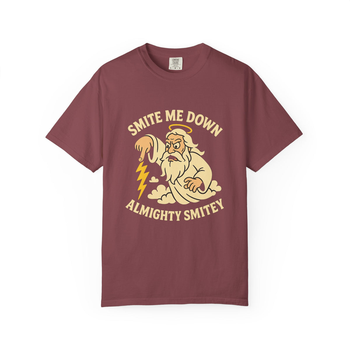 Almighty Smitey T-Shirt — Funny Zeus Cartoon ‘Smite Me Down’ Graphic Tee