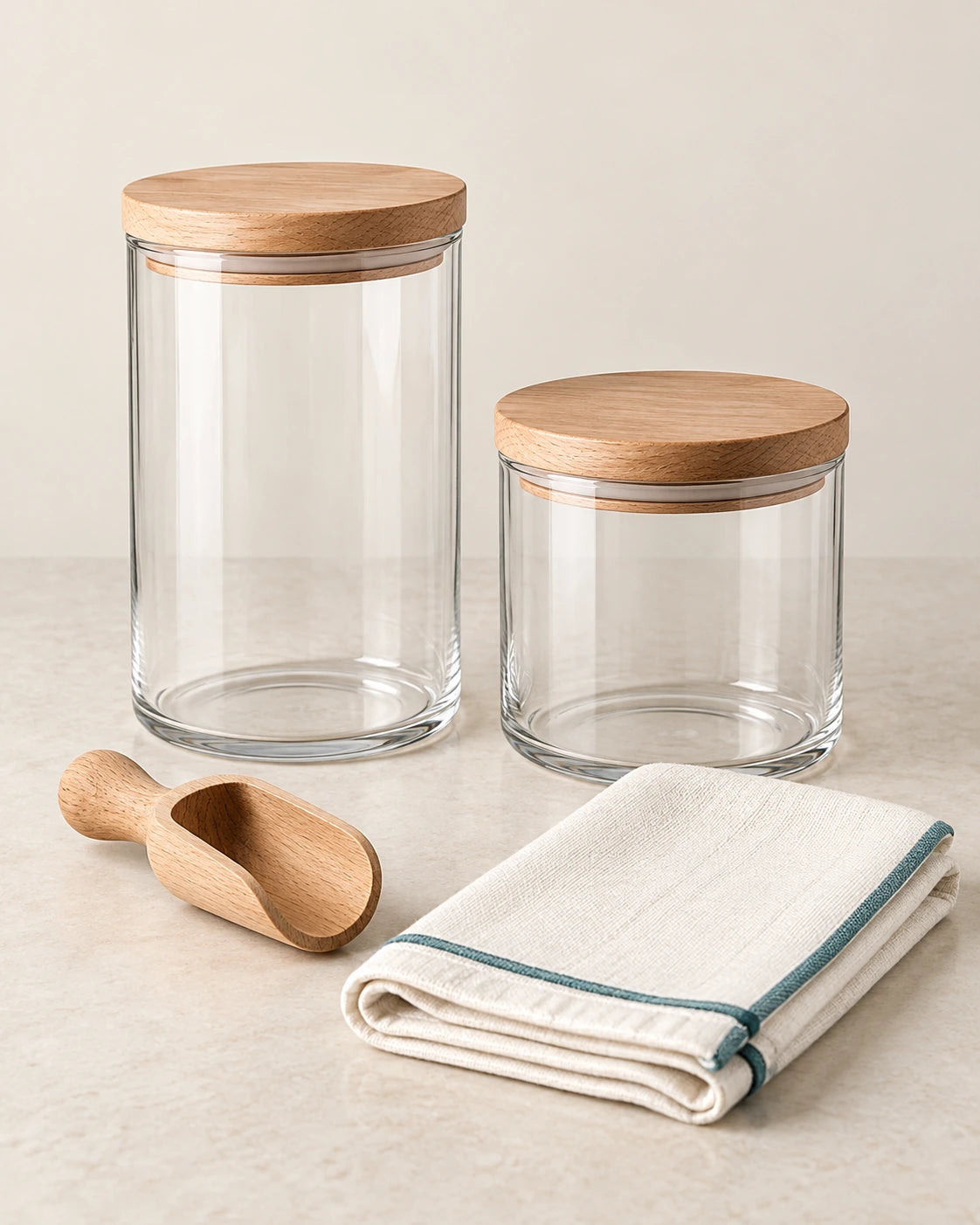 Two clear glass storage jars with wooden lids, a wooden scoop and folded tea towel on a pale surface.