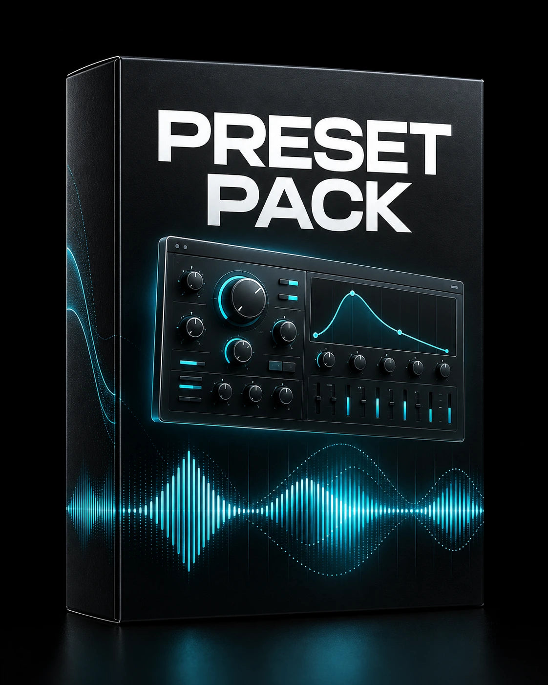 Preset Pack digital cover artwork with cyan audio-waveform and synthesiser-panel graphics on a dark background.